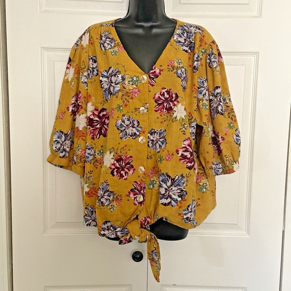 RD Koko Linen Shirt Women 2X Yellow Floral Button Up Top Front Tie V Neck Blouse - Picture 1 of 10